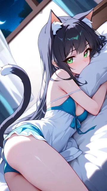 プリンセスコネクト、キャル、小さい胸、緑の瞳、黒髪ロング - 猫娘