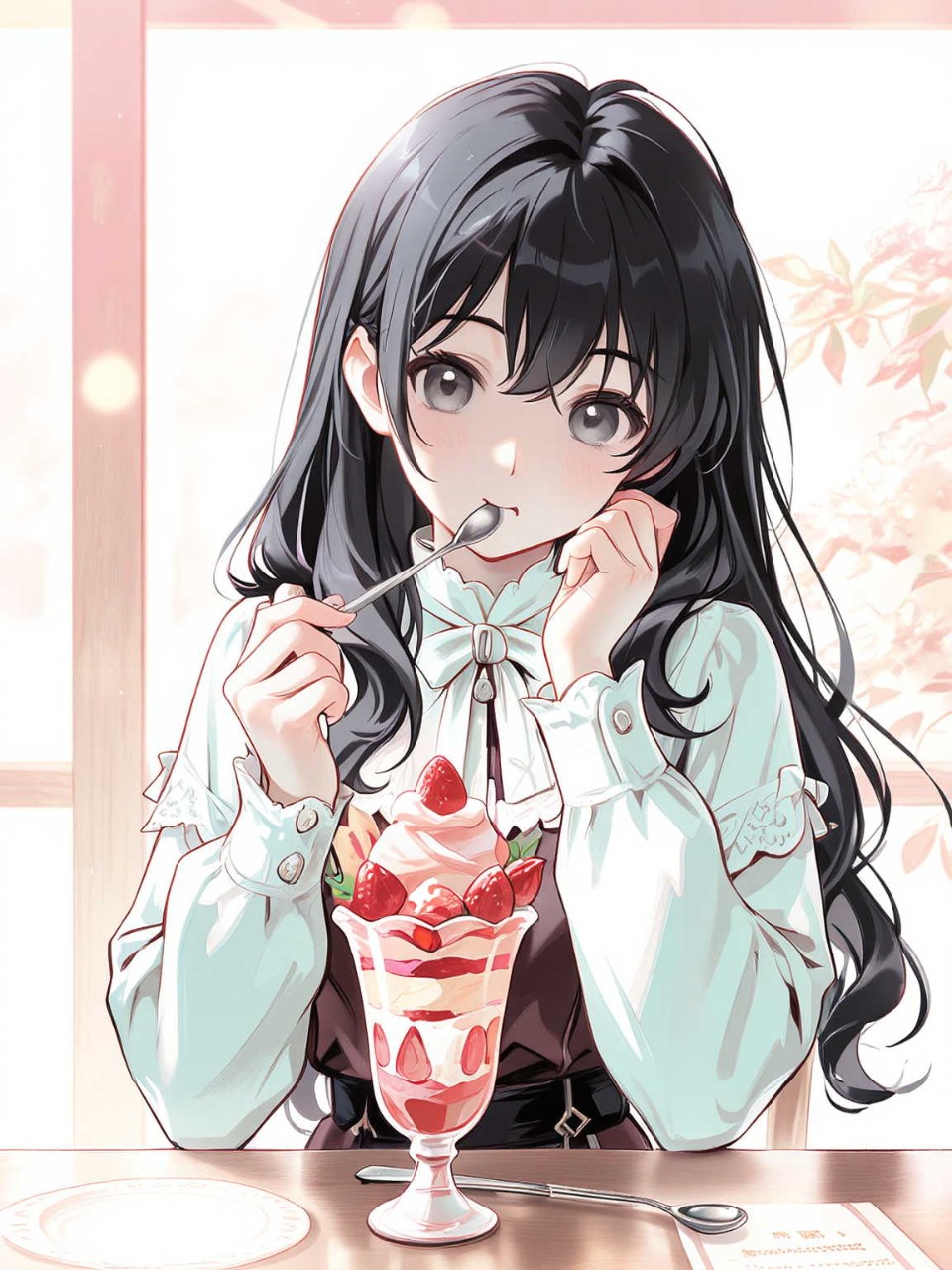 可愛いカフェでイチゴ🍓パフェを食べる可愛い美少女♡ — 香風さんのAIイラスト