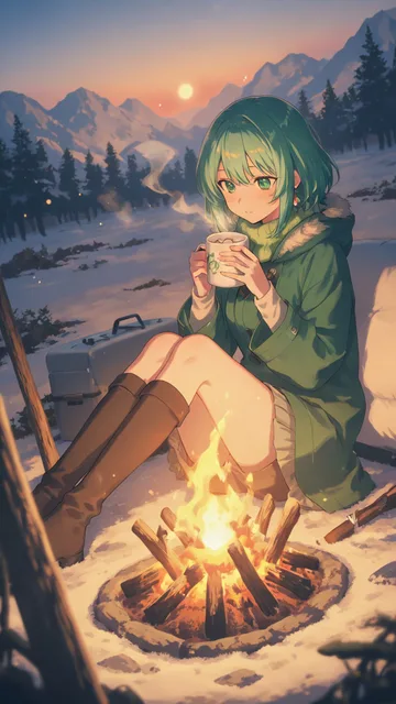 雪中焚き火とマシュマロココア