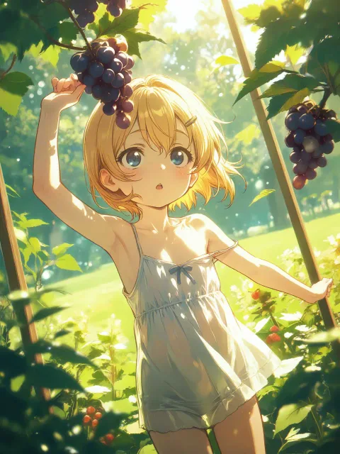 ぶどう畑、ぶどう狩り、両腕をあげてぶどうをとる🍇 - 背伸び