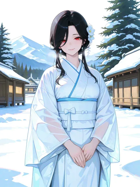 きちんとした服装、白と紅の着物を着た鶴の娘の成年女性 - 鶴の恩返し
