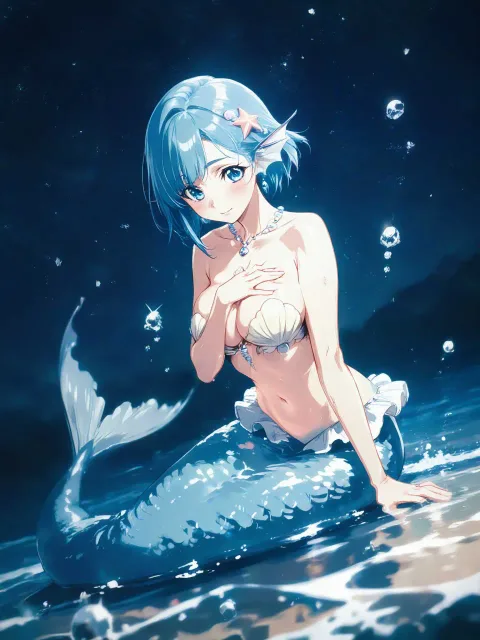 貝殻の髪飾りの人魚の美しい女性、水色のショートボブアシメ