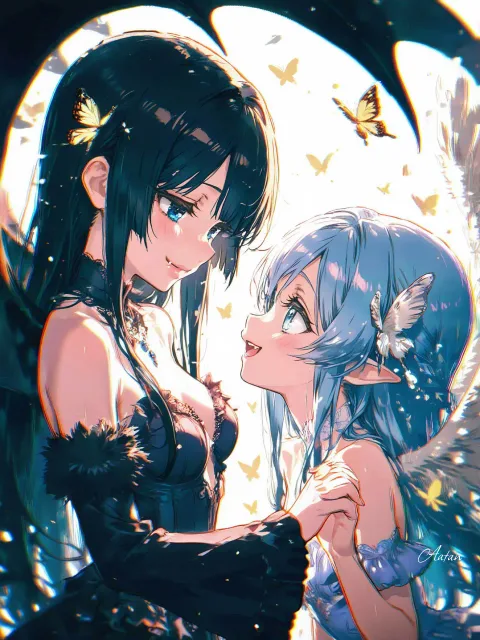 2 girl、1人目は白い羽の天使 girl、水色の瞳 - 天使 vs 悪魔