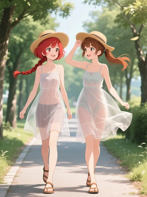 双子と初夏の並木道