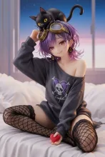オーバーサイズのトレーナーで…パンク娘と黒ニャンコ…フィギュア…紫