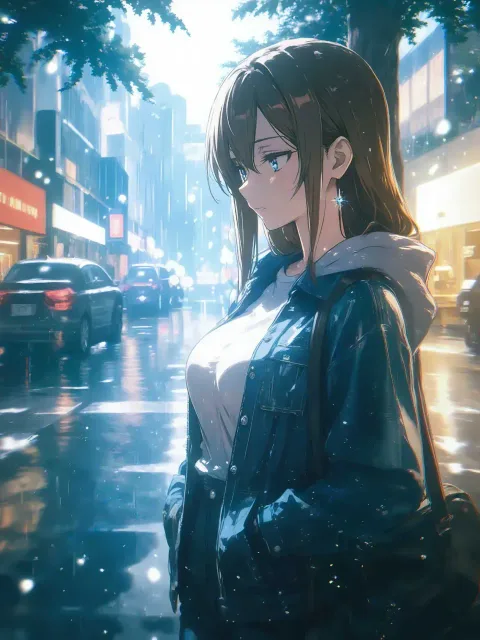 雨上がりの晴れた並木道を歩いているスタイルのいい爽やかな服装…