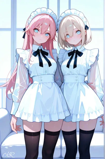 黒いニーハイソックス、女性がふたり並ぶ、ソファに並ぶ