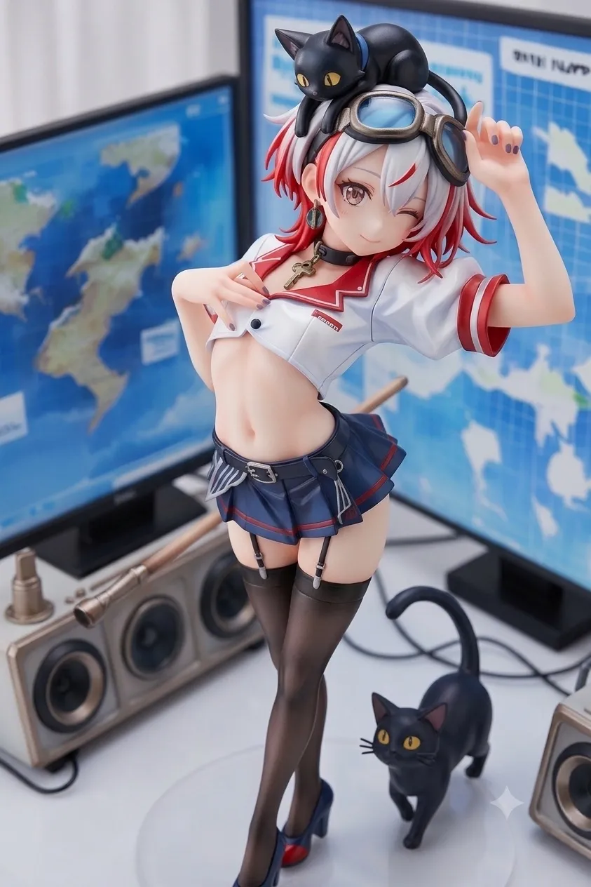 お天気キャスターになってみた…パンク娘と黒ニャンコ…フィギュア…白