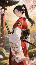 桜舞う庭園の美女サムライ