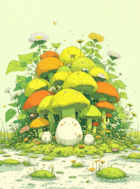 幻想的なキノコの群生、みずみずしい質感、人物なし - キノコの森