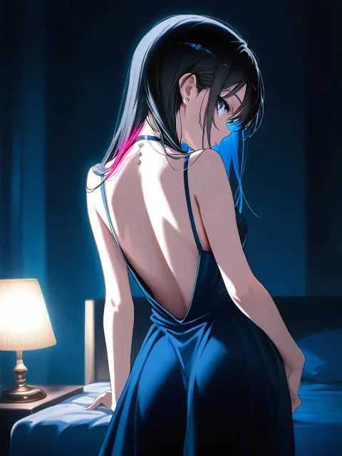 背中が大きく開いた服、暗い部屋の一灯、留め具ひとつだけの背中