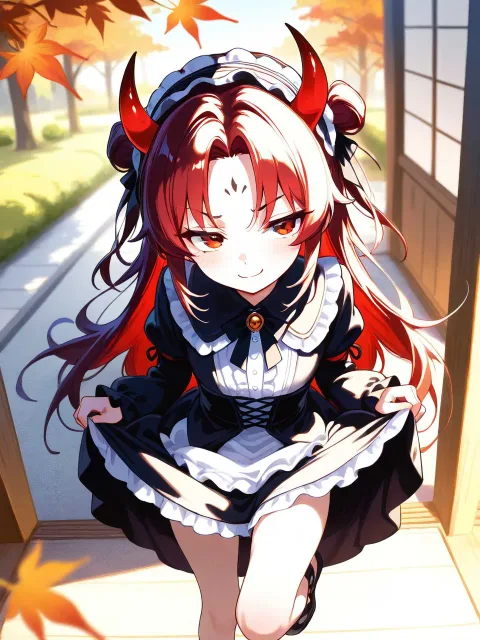 額に二本の小さな赤い角がある鬼の姫の低年齢の少女