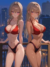 夏の夕暮れに並ぶ水着ギャル