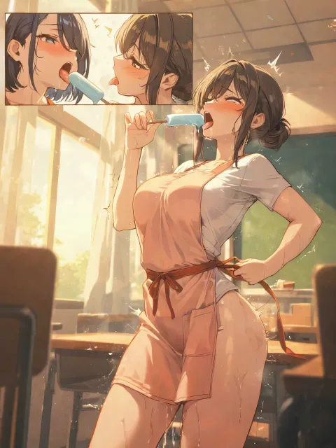 三角巾とエプロン姿と無地の体操着の成年女性がふたり
