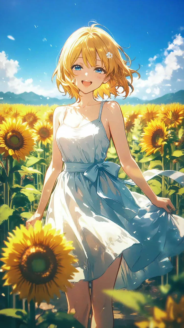 ひまわり畑に佇む美少女