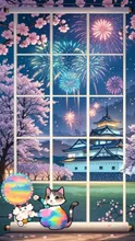 子猫と桜満開と弘前城