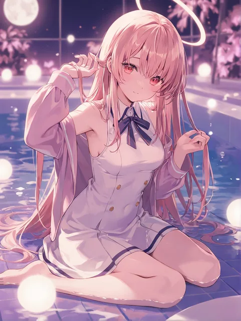 夜の学校のプールに入っている少女、水面に月が反射している