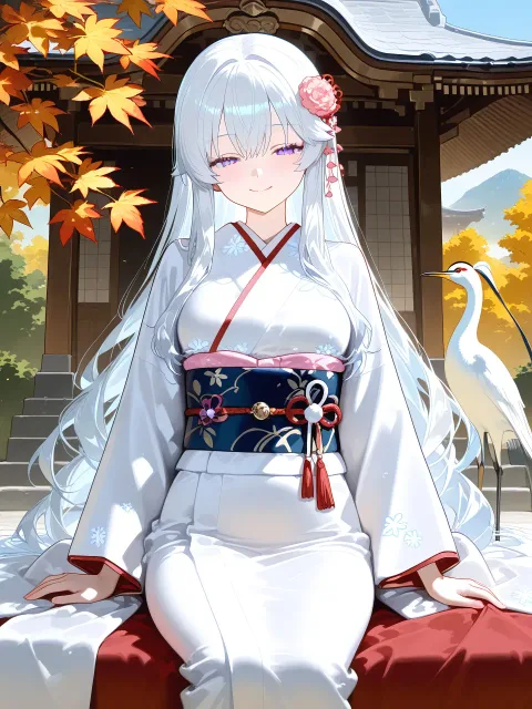 姫路城擬人化、白鷺の模様の着物、白銀のロングヘアーの女性