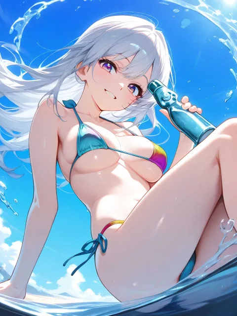 大きなラムネ瓶の炭酸水の中を漂う美少女 - ラムネの泡