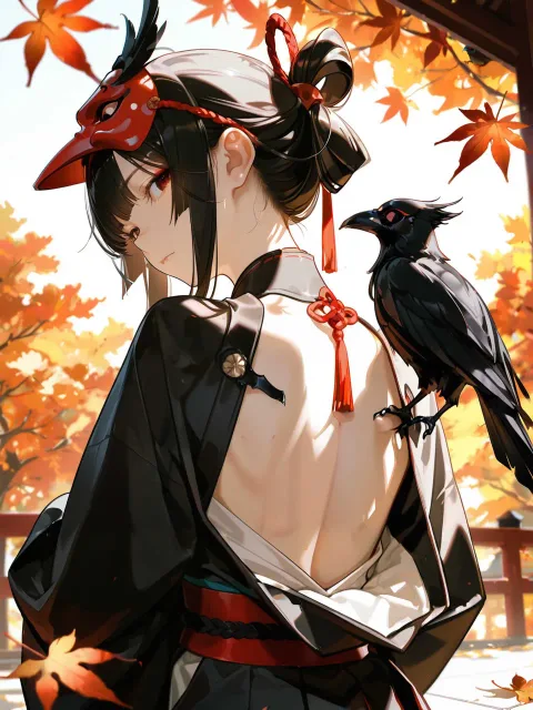 天狗の面をした美少女 和風 烏 紅葉 秋 背中に黒い羽