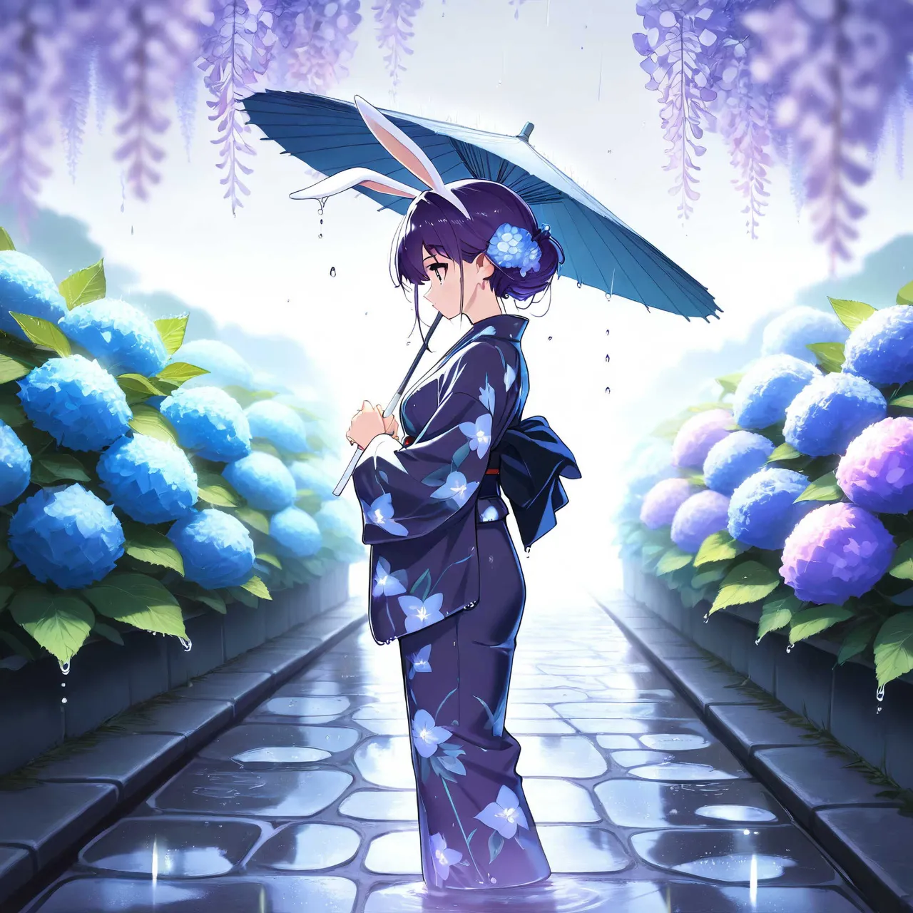 雨粒にほどける紫 — Rabbit_FootさんのAIイラスト