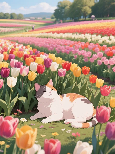 一面に広がる色とりどりのチューリップ畑、猫がくつろいでいる
