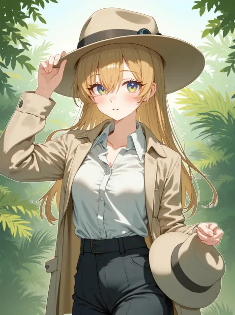 きちんとした服装、サファリジャケットを着た探検家風の若い女性