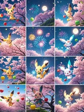 16コマの絵、ミミッキュ、花火、桜満開、満月、赤い林檎、緑色の林檎、黄色の林檎