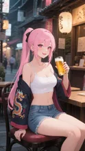 ピンク髪娘💕屋台で一杯❤️