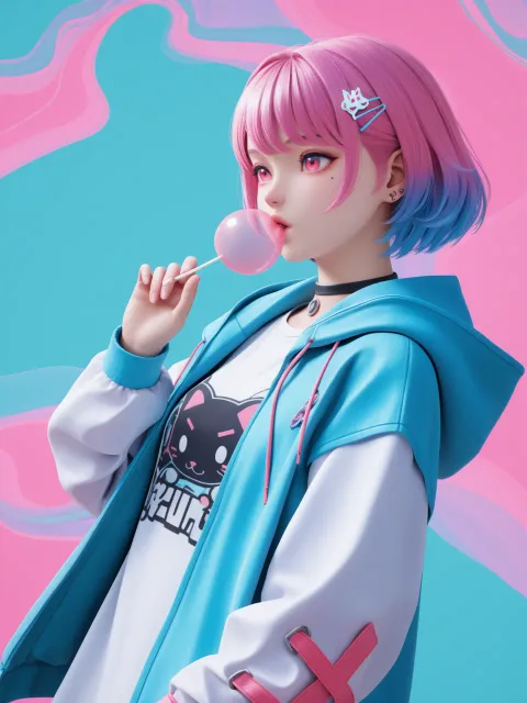 3DCG調、シャボン玉を吹く少女、ピンクと青の短い髪