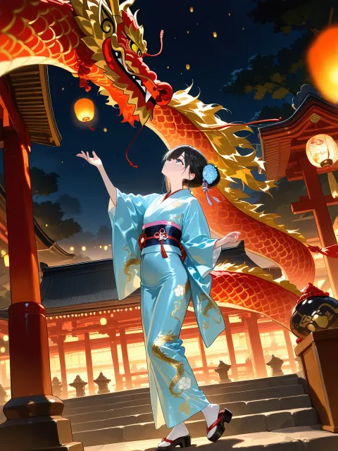 龍踊を見上げる少女、夜の神社、着物姿