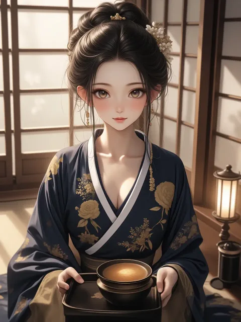 窓辺に座る若いアジア人女性、細い体型、薄い肌 - 仲居の着物