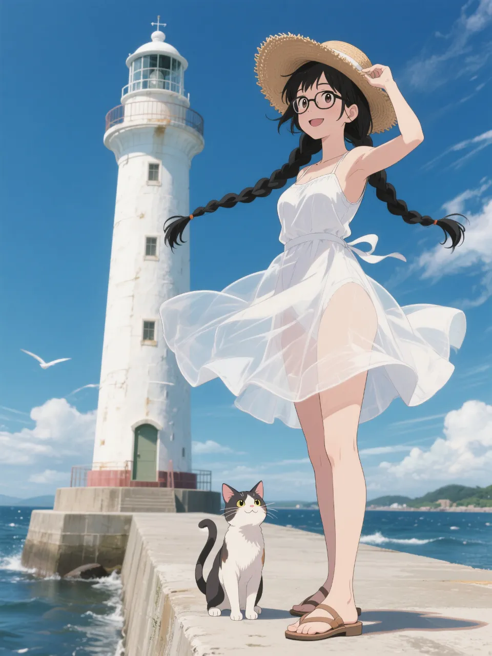 「穂蔵　灯子(ほのぐら　とうこ)」と麦わら帽子と灯台 — 水上雷太さんのAIイラスト