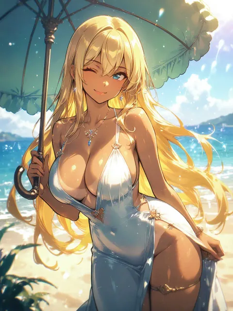 ultra-detailed、金髪の美女、ウインク - 日傘の似合う美人