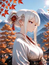 雪化粧した富士山と紅葉
