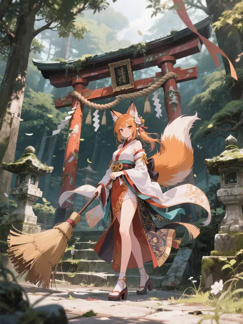 廃神社で掃き掃除するキツネ巫女