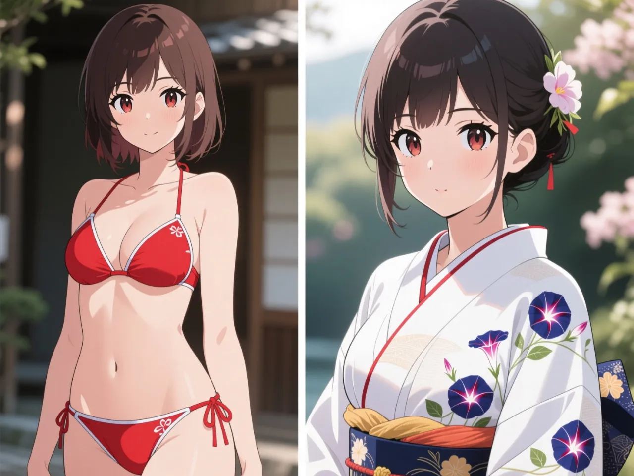 水着vs浴衣 どっち? — カツ丼太郎さんのAIイラスト
