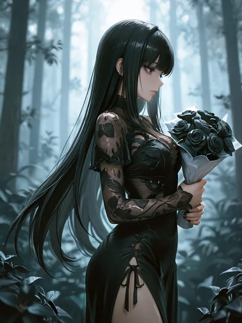黒いレースのドレス 黒髪ロングヘア 黒い薔薇の花束を持つ…