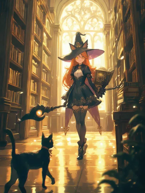 魔女の使い魔、フクロウ、古い図書館、魔法の雰囲気