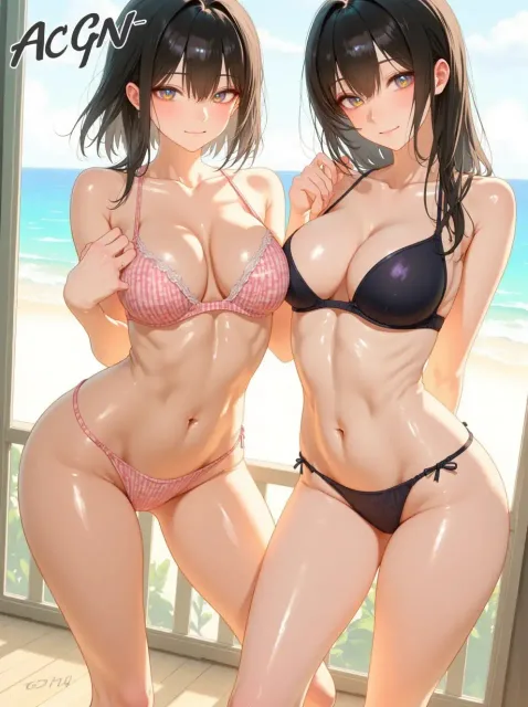 白い肌と日焼けした肌の色っぽい成年女性がふたり並ぶ
