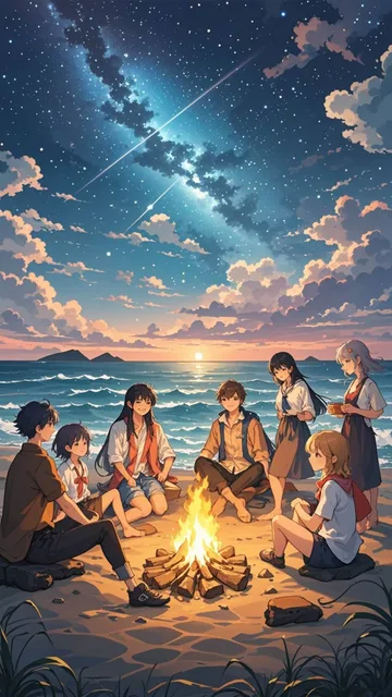 無人島で焚き火を囲みキャンプする仲間たち、星空と波音