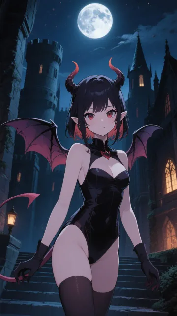 サキュバスの少女、小さな角と翼、薄暗い月夜の城