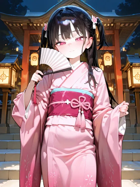 扇子🪭、ピンクの着物、提灯の灯る神社の舞台