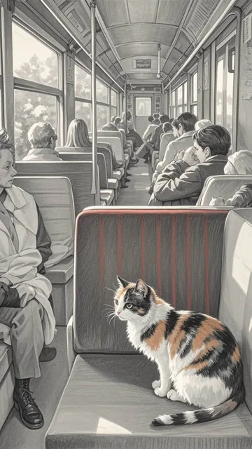 夕方五時、電車の赤いシートに乗客の間に座っている三毛猫