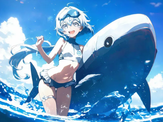 青い海を背に、水しぶき - 海女