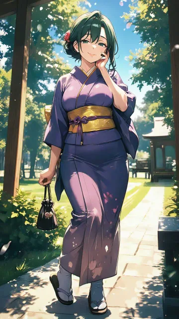 貴女は清楚な魅力を持つお母さんです、公園に立っています - 袴の裾