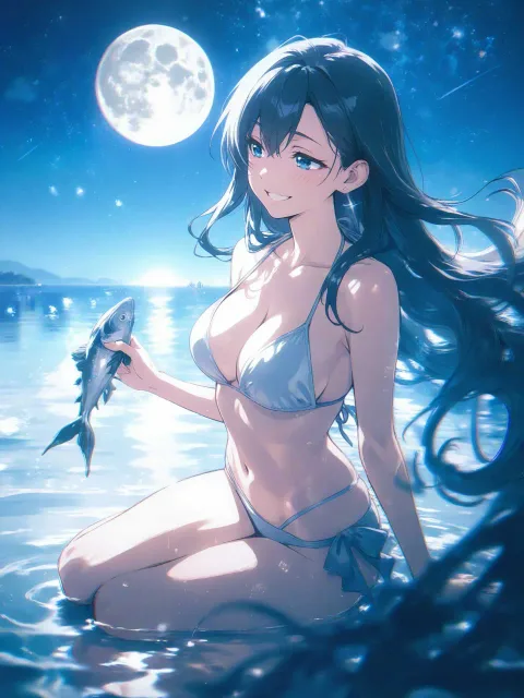 ビキニの美しい姫、戸惑い、微笑み、月夜の海辺 - カバーガール総選挙