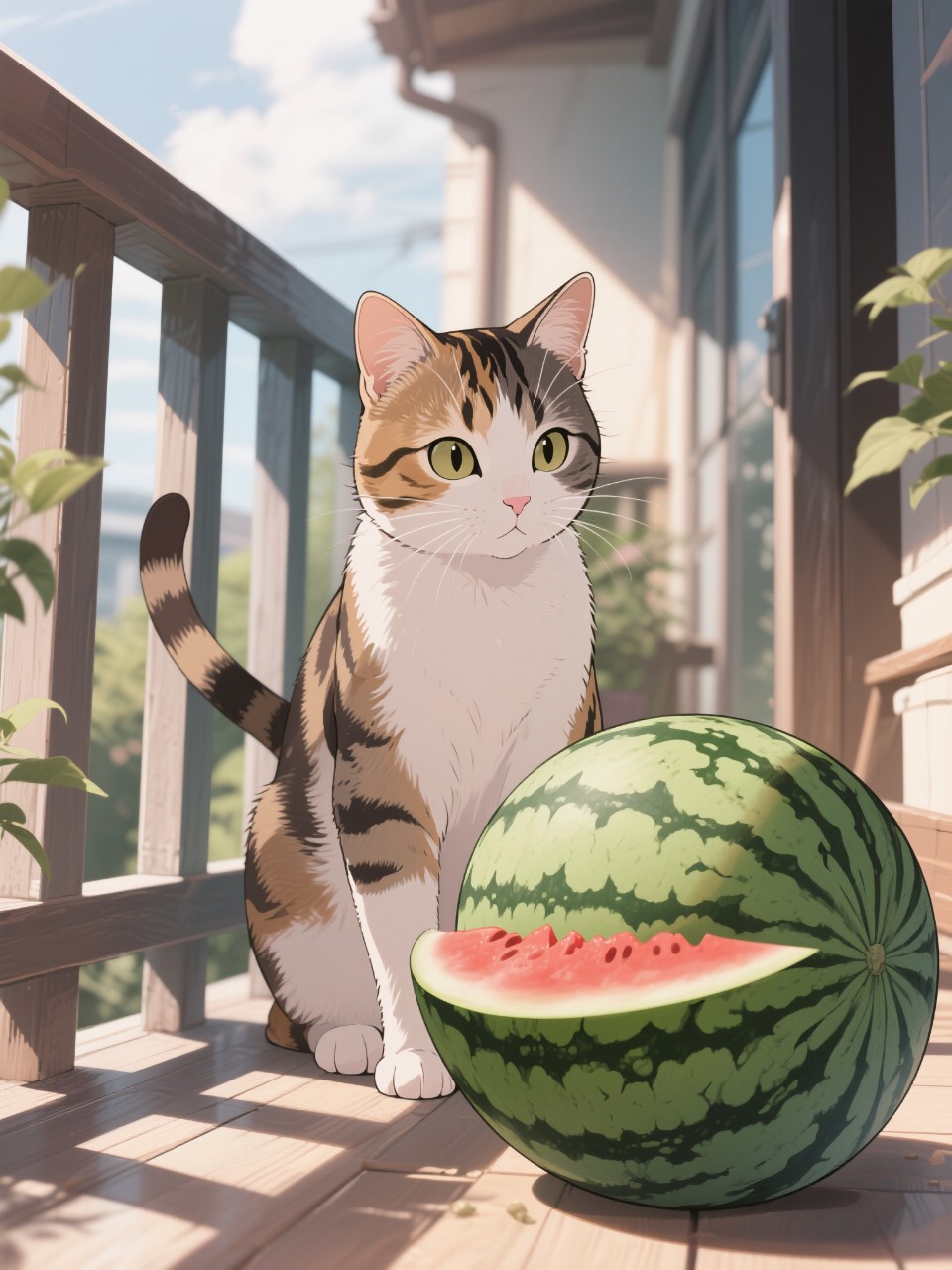 縁側にあるスイカを見つめる猫 — neko(⁠｡⁠･⁠ω⁠･⁠｡⁠)⁠ﾉ⁠さんのAIイラスト