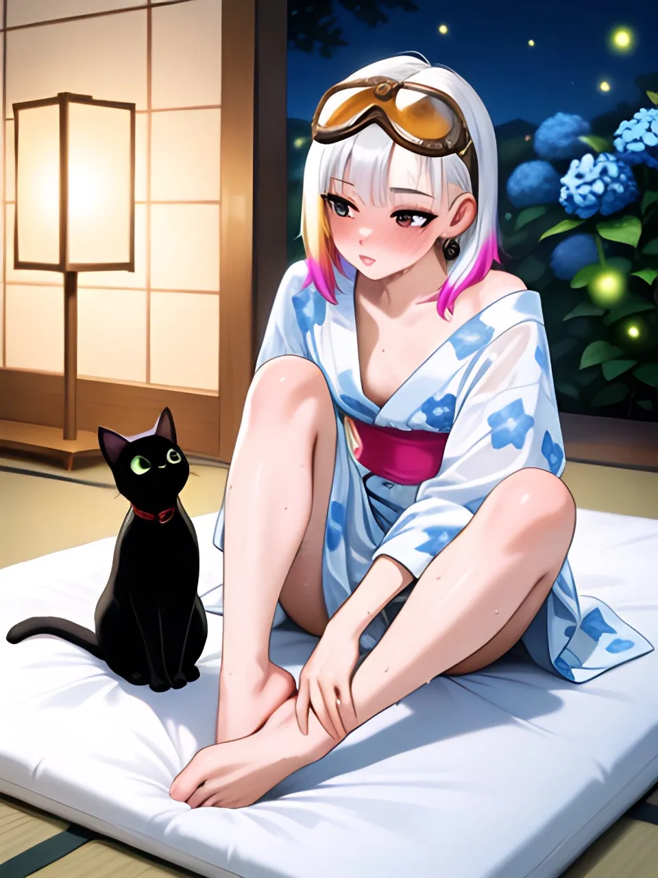 寝苦しい夜に浴衣ですわ…パンク娘と黒ニャンコ…白