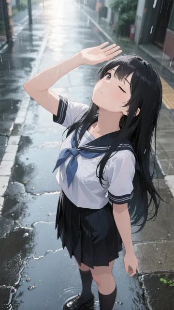 黒髪ロング、美少女、完璧なプロポーション、片目閉じ